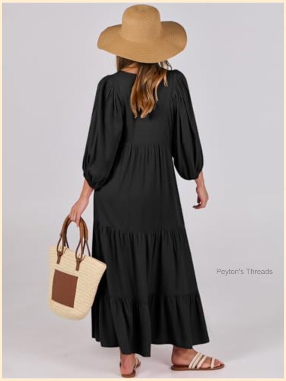 Boho Maxi Dress V Neck Puff Sleeve Flowy Swing Casual Long Dress - Picture 3 of 7